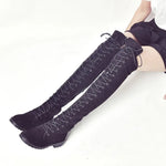 Lace Up Over Knee Flat Square Heel Rubber Flock Boots - Alt Style Clothing