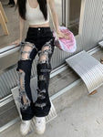 High-Waisted Black Lace-Up Ripped Wide Leg Jeans – Edgy Streetwear Style