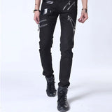 Punk Gothic Stage Performance Jeans with Chain and Multi-Zipper Detail