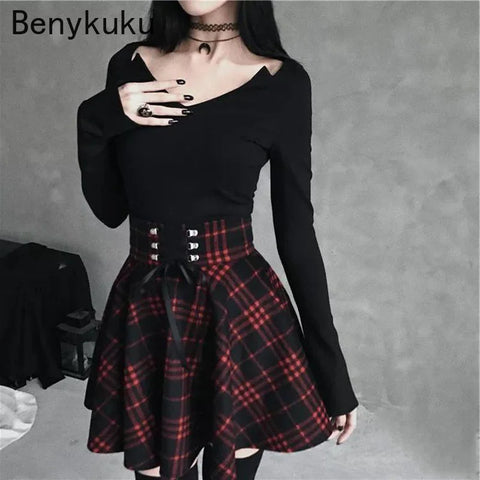 Gothic Checkered Pleated Plaid Goth Mini Skirt