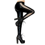 Queen-Inspired Gothic Black PVC Lace-Up Leggings – Punk Rock Faux Leather for Nightclub Style