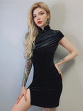 Goth Chinese Style Skinny Mini Dress - Velvet Sheath Slim Fit