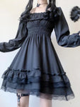 Gothic Square Collar Puff Sleeve Midi Dress with Bow Detail