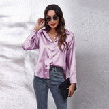 Satin Imitation Silk Button-Up Blouse – Loose Fit Long Sleeve