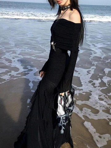 Gothic Elegant Fashion Dark Ruffles Split Long Dress - Alt Style Clothing