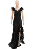 Sequined Feather Details High Split Maxi Dress - Alt Style Clothing