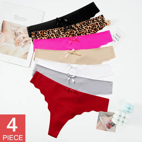 4PCS/Set Women Sexy Thong Panties Pack - Solid Colors with Bow Detail