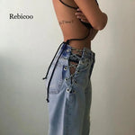 High-Waisted Chain Detail Wide-Leg Jeans – Elegant Hollow Out Design