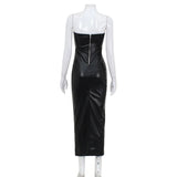 Strapless PU Leather Tight Fitting Maxi Dress with Zipper Detail