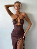 Sexy Halter Backless Sleeveless Cut Out Maxi Dress - Alt Style Clothing