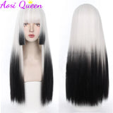 25-Inch Black and White Gradient Long Straight Wig with Bangs - Gothic Lolita Princess Cut