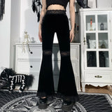 InsGoth High-Waist Gothic Flare Pants with Lace Patchwork