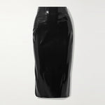 Patent Leather Full Zip Shiny Lady High Waist Knee Length Midi Skirt - Alt Style Clothing