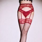 Lace Floral Garter Belt With Fishnet Thigh High Stockings