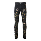 High-Quality Slim Fit Stretch Jeans with Distressed Leather Star Patchwork