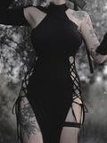 Dark High Split Sexy Bandage Gothic Halter Slim Midi Dress
