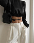 Elegant Satin Backless Lace-Up Crop Top with Lantern Sleeves