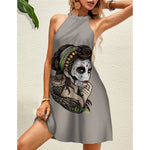 Vintage Skull Face Sleeveless Lace-Up Halter Mini Dress