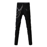 Punk Gothic Stage Performance Jeans with Chain and Multi-Zipper Detail