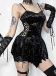 Goth Dark Fairy Grunge Bandage Velvet Mini Dress - Slim Fit, Spaghetti Strap, V-Neck