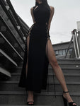 High Split Sexy Bandage Gothic Halter Slim Midi Dress Black - Alt Style Clothing