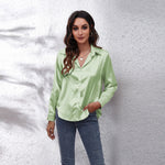 Satin Imitation Silk Button-Up Blouse – Loose Fit Long Sleeve