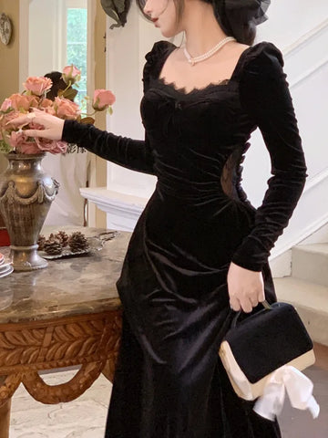 Gothic Vintage Long Sleeve Elegant Velvet Midi Dress - Alt Style Clothing