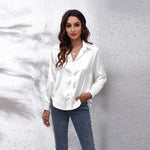 Satin Imitation Silk Button-Up Blouse – Loose Fit Long Sleeve