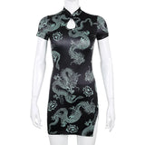 Tiesome Chinese Dragon Gothic Mini Dress with Ruffled Neckline