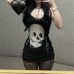 Goth Dark Anime Skull Print Mini Dress with Lace and Spaghetti Straps