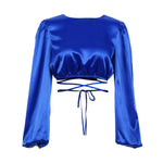 Elegant Satin Backless Lace-Up Crop Top with Lantern Sleeves