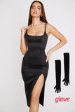 Bodycon Satin Party Sexy Spaghetti Strap Elegant Midi Dress With Slit - Alt Style Clothing