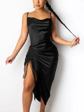 Ruched Satin Drawstring Spaghetti Straps Backless Long Dress - Alt Style Clothing