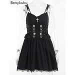 InsGoth Gothic V-Neck Lace-Up Corset Dress – Velvet Elegance with Dark Charm