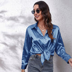 Satin Imitation Silk Button-Up Blouse – Loose Fit Long Sleeve