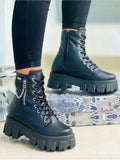 Boots Patent Leather Zipper Warm Punk Gothic Combat Boots Lace Up
