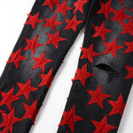 High-Quality Slim Fit Stretch Jeans with Distressed Leather Star Patchwork