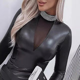 Elegant PU Leather Long Sleeve Bodycon Dress – Vintage-Inspired