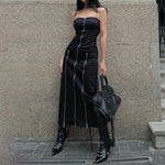 Goth Dark Techwear Zip Up Midi Split Tube Dress - Strapless, A-Line Silhouette