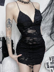 Gothic Black Bodycon Mini Dress with Distressed Grunge Detailing