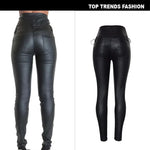 Edgy High-Waisted Faux Leather Skinny Pants with Side Lace-Up Detail