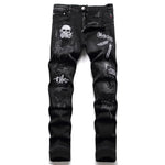 High-Quality Black Denim Biker Jeans with Skull Design - Slim Fit Casual Style