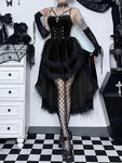 Gothic Hi Low Swing Cocktail Party Vintage Lace Smocked Elastic Waist Pleated Bodycon Dress - Alt Style Clothing