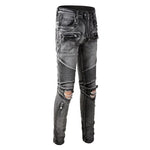 Ripped Patchwork Biker Jeans with Slim Fit and Zippers Detailing
