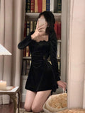 Black Velvet Dress Casual Elegant Midi Long Sleeve Vintage Lace Dress - Alt Style Clothing