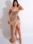 Sequined Feather Details High Split Maxi Dress - Alt Style Clothing