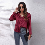 Satin Imitation Silk Button-Up Blouse – Loose Fit Long Sleeve