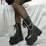 Sexy Gothic Black Boots for Women with High-Quality Leather, Chunky Heel, and Chain Detail