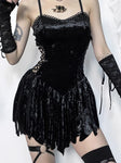 Goth Dark Fairy Grunge Bandage Velvet Mini Dress - Slim Fit, Spaghetti Strap, V-Neck