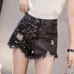 High-Waisted Sequin Denim Shorts with Tassel and Patchwork – High Street Style